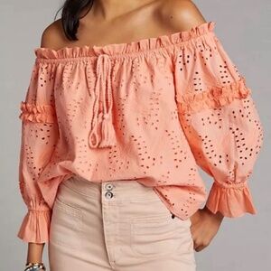 Anthropologie Seen Worn Kept Jane‎ Eyelet Ruffle Off-The-Shoulder Peach Blouse 8